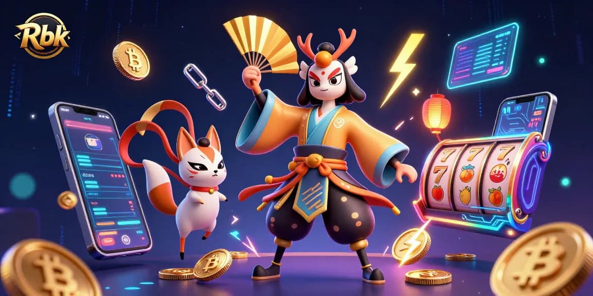 Rbk offers stunning visuals with a kabuki warrior and symbols of luck at a vibrant slot casino.