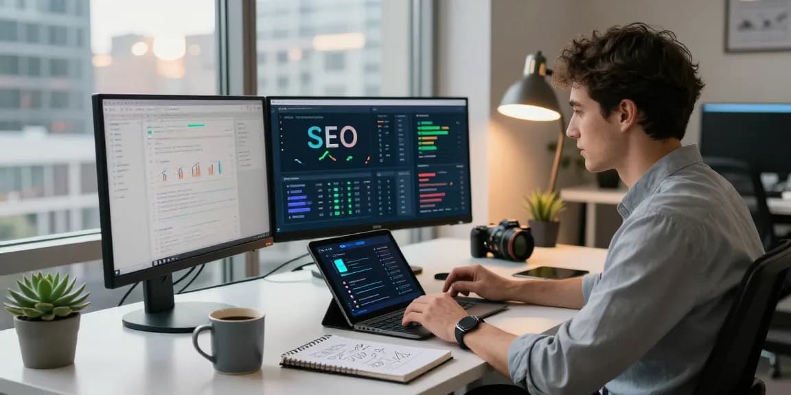Analyst using AI SEO tools in a modern tech workspace with analytics dashboards.