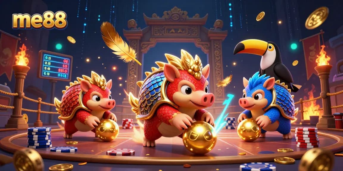 Bet on me88 with epic rival pangolins in a vibrant 3D casino showdown surrounded by chips.