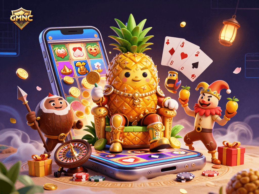 Experience the thrill of gaming at GMNC with a golden pineapple king and dynamic casino elements.