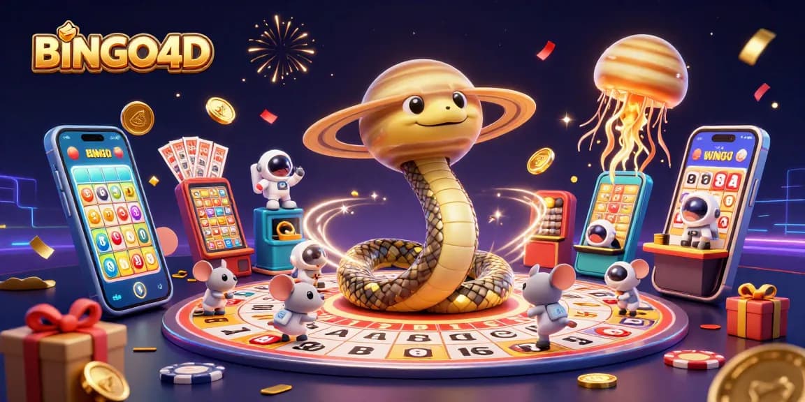 BINGO4D memprediksi angka pemenang dengan karakter bingo yang ceria di latar luar angkasa