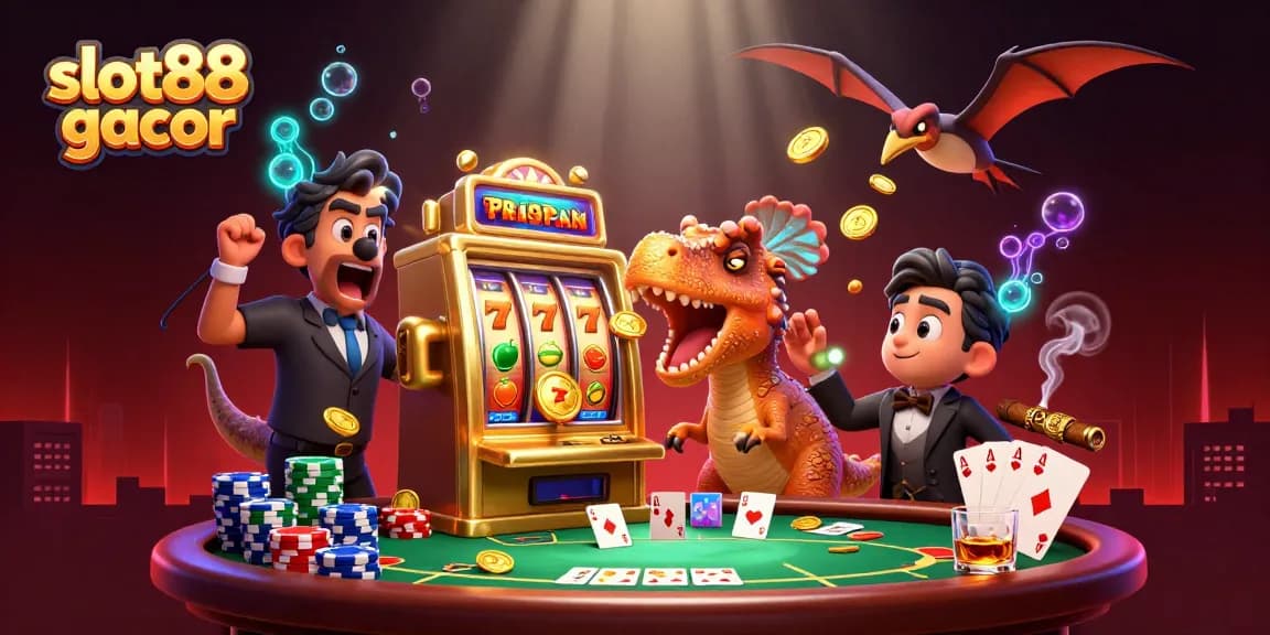 Slot88 gacor menghasilkan koin jackpot saat dinosaurus memukul mesin slot emas di kasino.