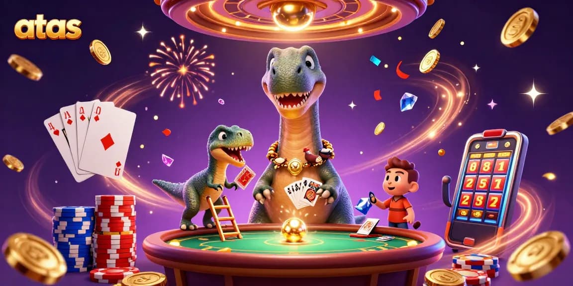 Experience the excitement of atas with a lively casino scene featuring vibrant characters and game elements.