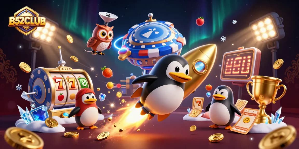 Win big at B52CLUB with a golden penguin blasting through space, showcasing vibrant game elements.