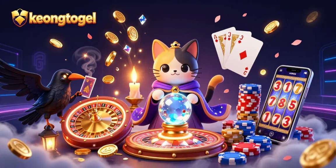 Spin to win with keongtogel's vibrant casino scene featuring a mystical cat, a tarot raven, and glimmering gaming elements.