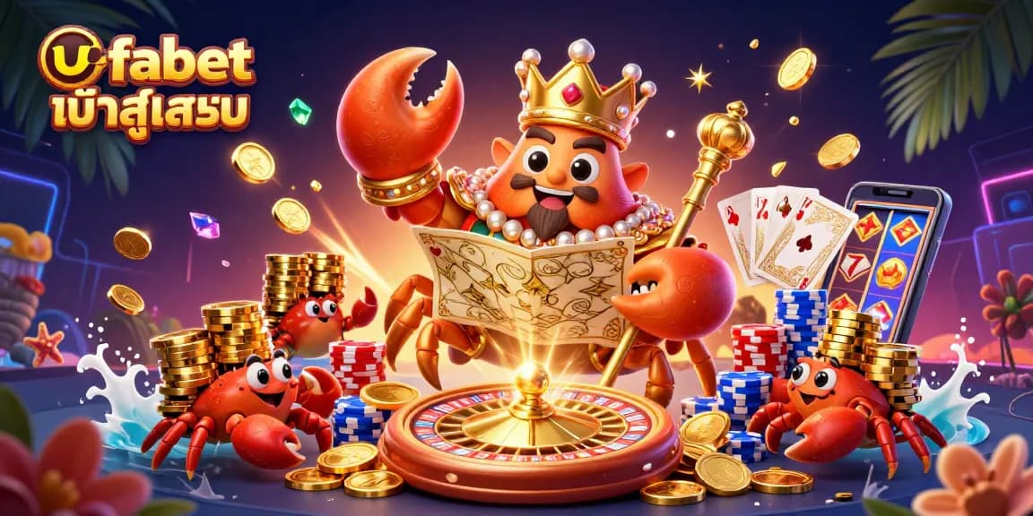 Experience engaging casino vibes with ufabet เข้าสู่ระบบ and a playful golden crab emperor amidst dynamic gaming elements.