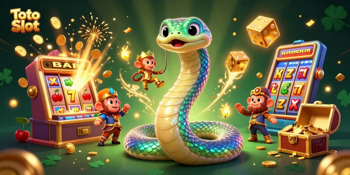 Play the thrilling Toto Slot game amidst a vibrant, magical scene of enchanted symbols and lively characters.