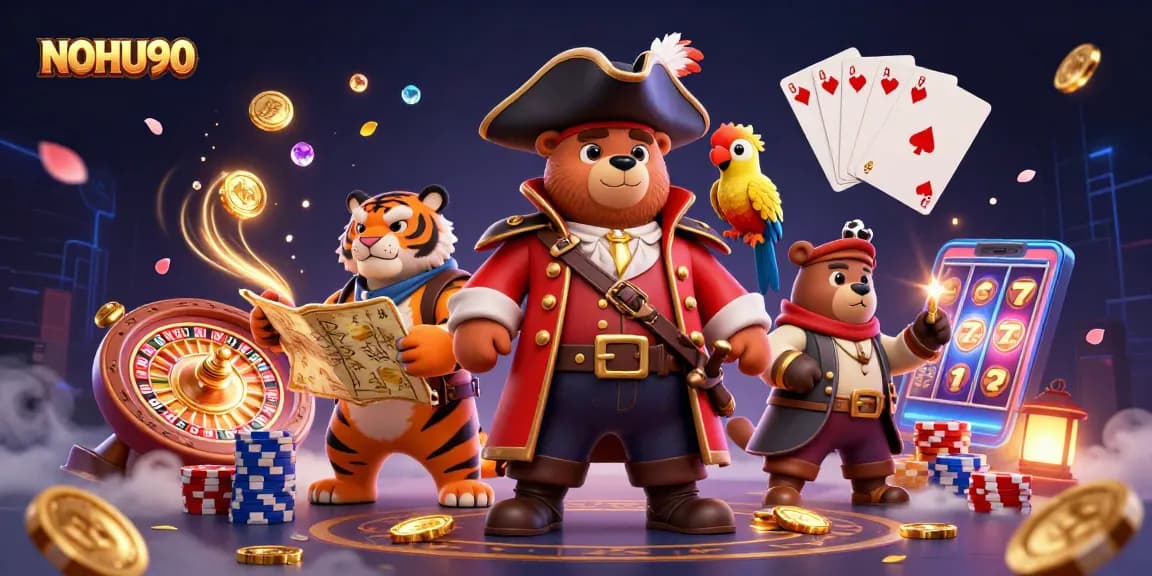 Experience the thrill of NOHU90 slots with a pirate bear, tiger, and dazzling casino elements.