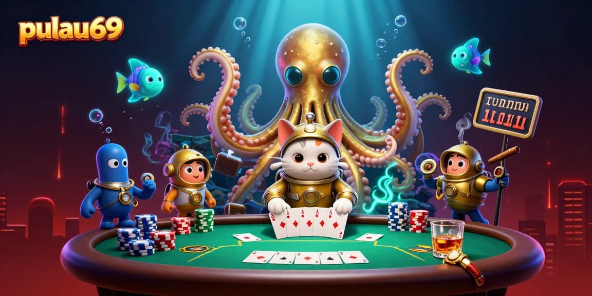 Pulau69 showcases a thrilling poker scene with a colossal kraken and diving cat, illuminated by bioluminescent fish.