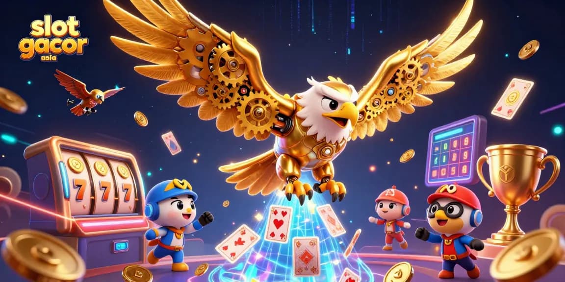 Menangkan slot gacor asia dengan ilustrasi elang dan elemen kasino yang memukau.
