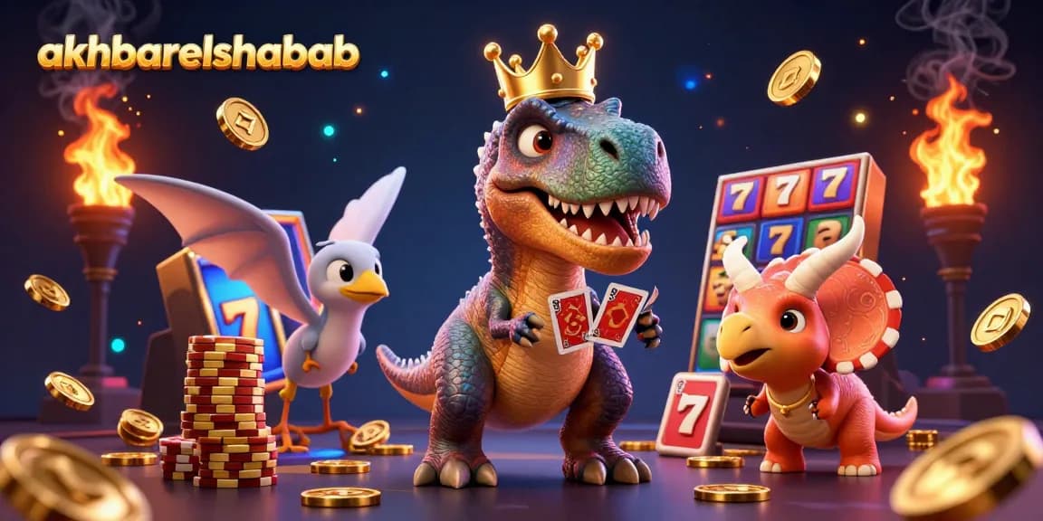 Engage in the exciting world of akhbarelshabab with friendly dinosaurs playing casino games, featuring dynamic slot symbols.