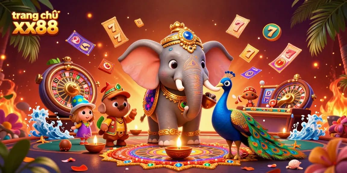 Join the fun at trang chủ xx88 with vibrant gaming elements, featuring a Diwali-themed scene full of action.