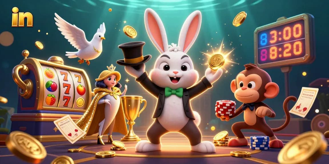 Win big in online casino games featuring a magician rabbit, dove, and monkey surrounded by slot reels.