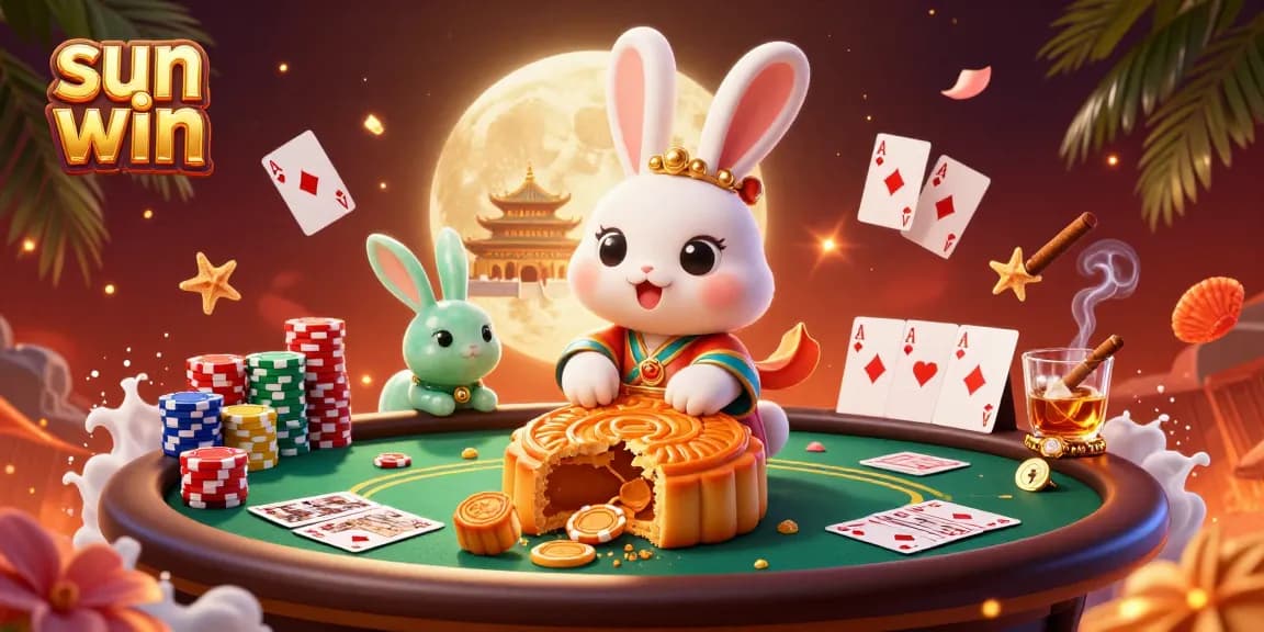 Engage in thrilling games at sun win with a vibrant moon rabbit scene overflowing with poker action.