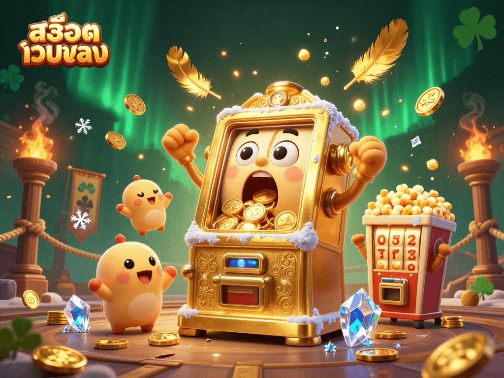 Engage in สล็อตเว็บตรง fun with a lively slot machine hitting a jackpot, surrounded by cheers and golden tokens.