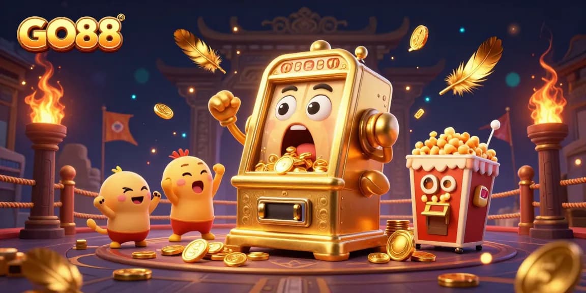 GO88 slot machine winning a jackpot with coins pouring out, surrounded by cheering characters and casino elements.