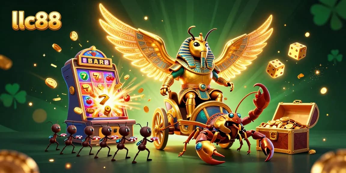 Experience the thrill of lclc88 casino games with vibrant imagery of golden scarab and jackpot elements.