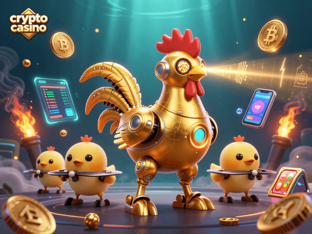 Engage in a dynamic crypto casino scene featuring a golden rooster robot and Bitcoin elements.