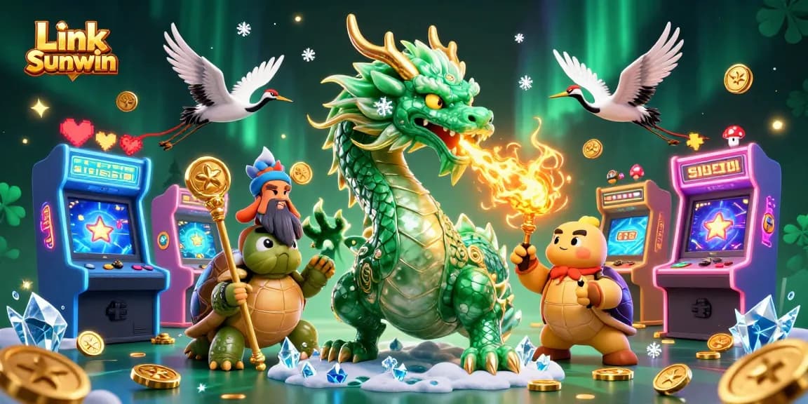 Engage with Link Sunwin in this vibrant 3D digital art showcasing a lucky emerald dragon and gaming elements.