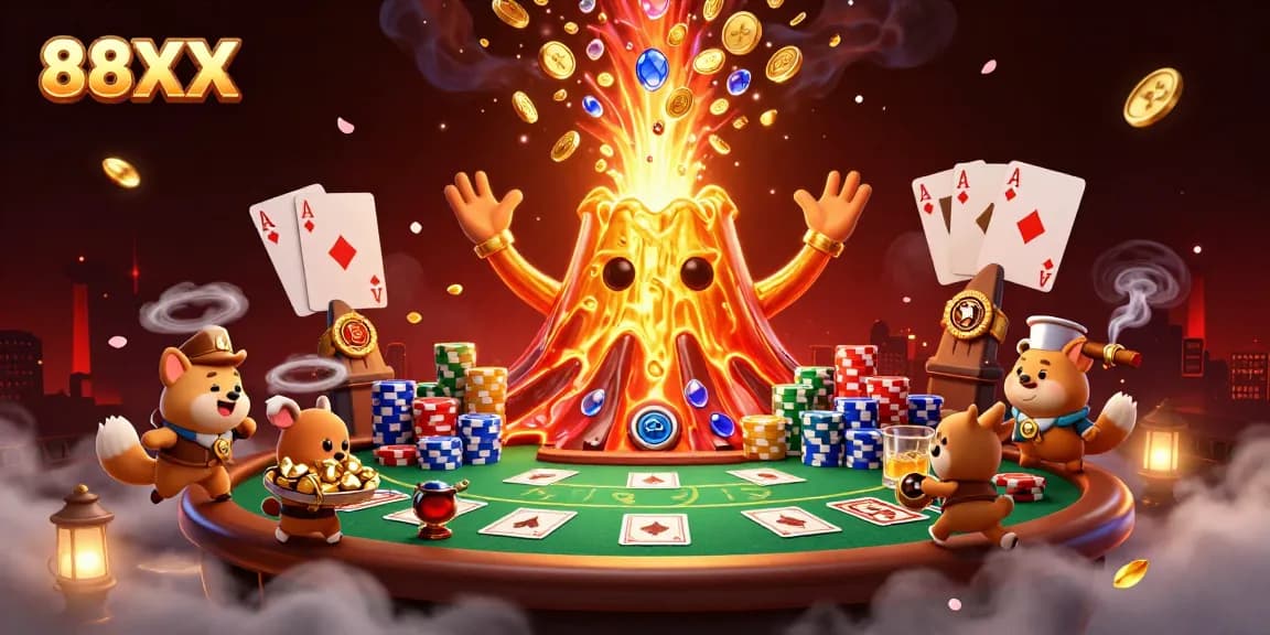 Experience the thrill of 88XX with this vibrant 3D casino illustration filled with dynamic gambling elements.