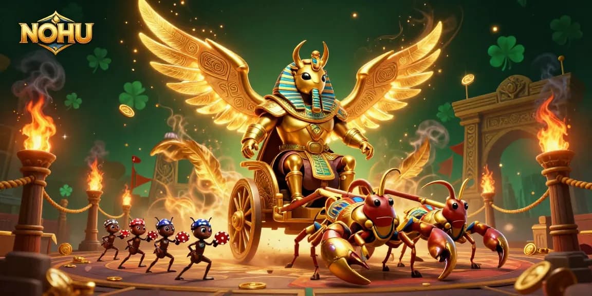 Experience NOHU gaming action with a vibrant 3D illustration featuring a pharaoh beetle and scorpions.