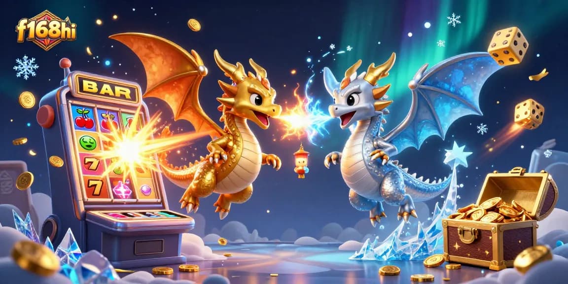 Experience thrilling gameplay at f168hi with vibrant dragons and a jackpot explosion in this dynamic casino illustration.