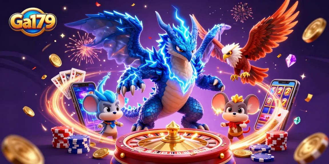 Engaging Ga179 gaming scene with flying coins, a thunder dragon, and vibrant casino elements.