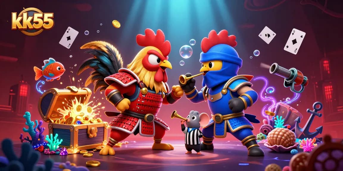 kk55 showcases epic roosters in a dramatic gambling face-off, highlighting vibrant casino elements.