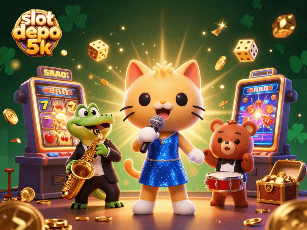 Experience the thrill of slot depo 5k with a vibrant cartoon scene of jackpot action.