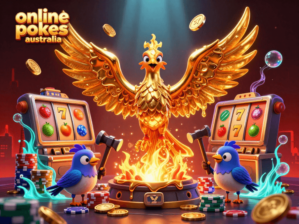 Play vibrant online pokies Australia with a molten gold phoenix and rich gaming elements.