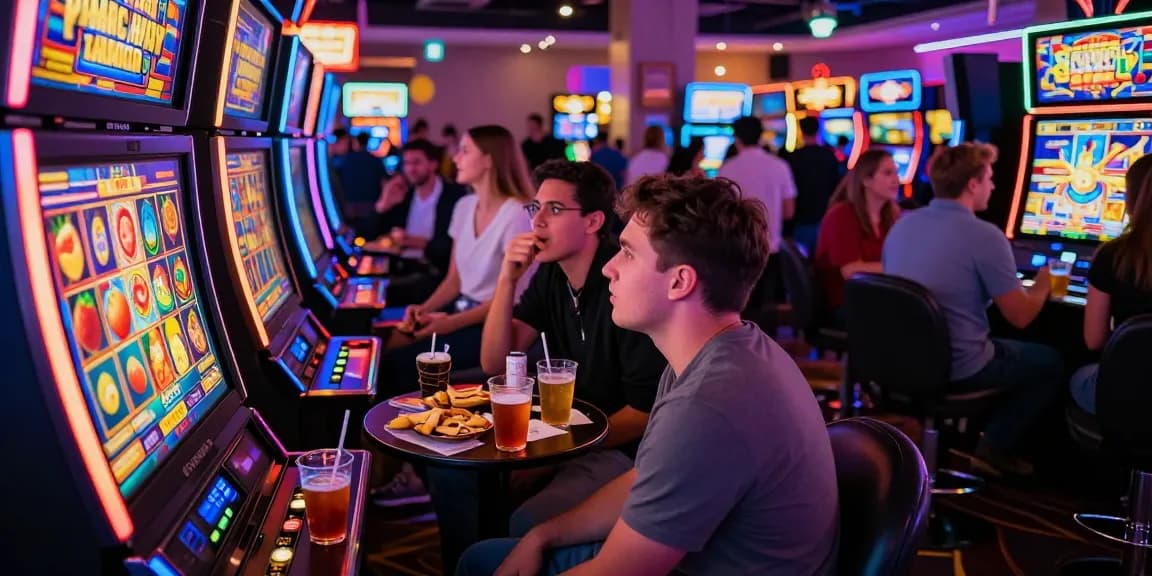 Friends celebrating while playing a vibrant slot machine at a casino.