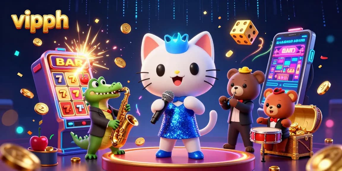 Experience thrilling wins at vipph with vibrant casino elements and animated characters.