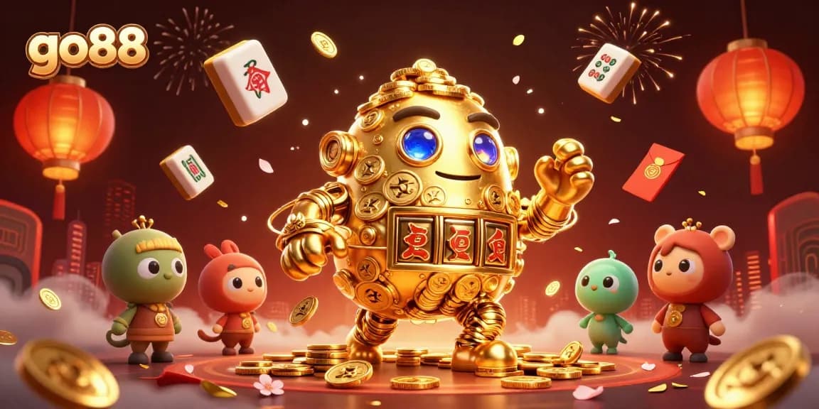 Experience go88's dynamic gaming with a golden golem and casino treasures.