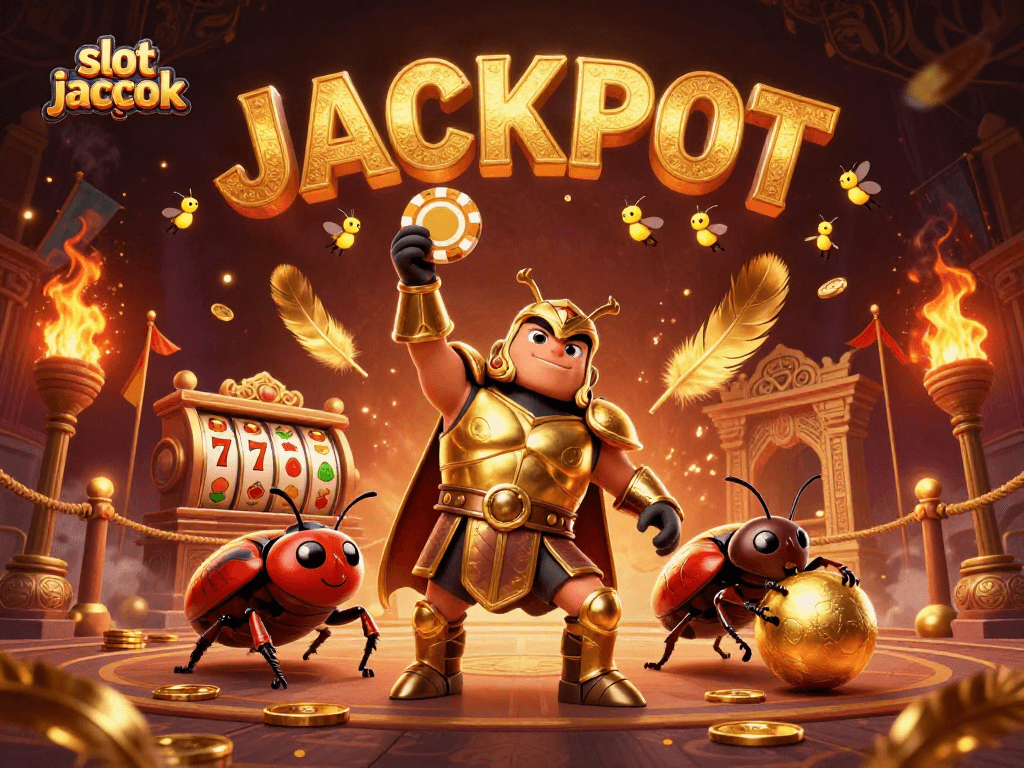 Experience a thrilling slot jackpot scene with a cartoon hercules beetle and vibrant casino elements.