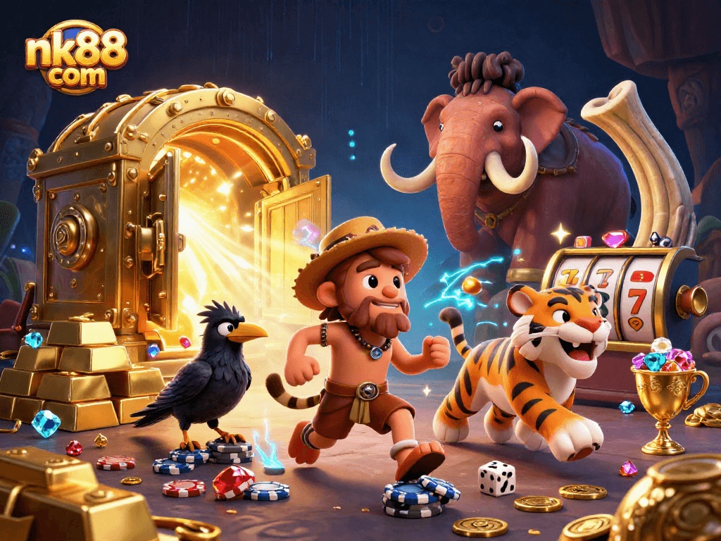 Engage with exciting gameplay at nk88 com featuring a cartoon caveman and sabertooth duo in a vibrant casino scene.