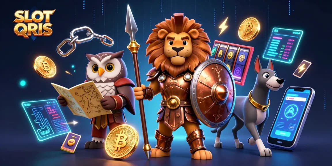 Engage with SLOT QRIS through thrilling slot reels and jackpot counters amidst a 3D casino spectacle.
