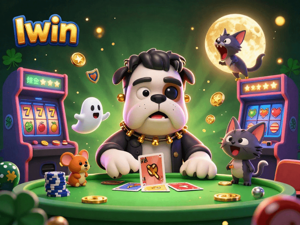 Iwin showcases a lively casino scene with a Frankenstein bulldog dealing cards and vibrant slots surrounding him.