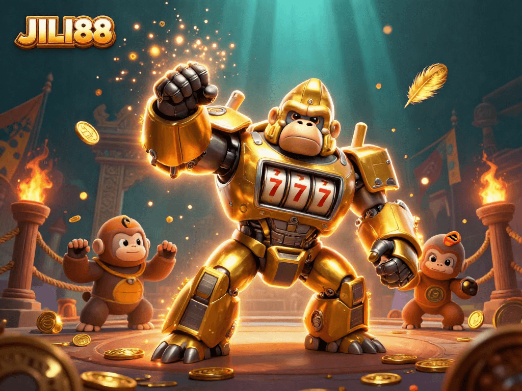 Engage in the thrilling world of JILI88 with a golden gorilla mech and vibrant casino elements!