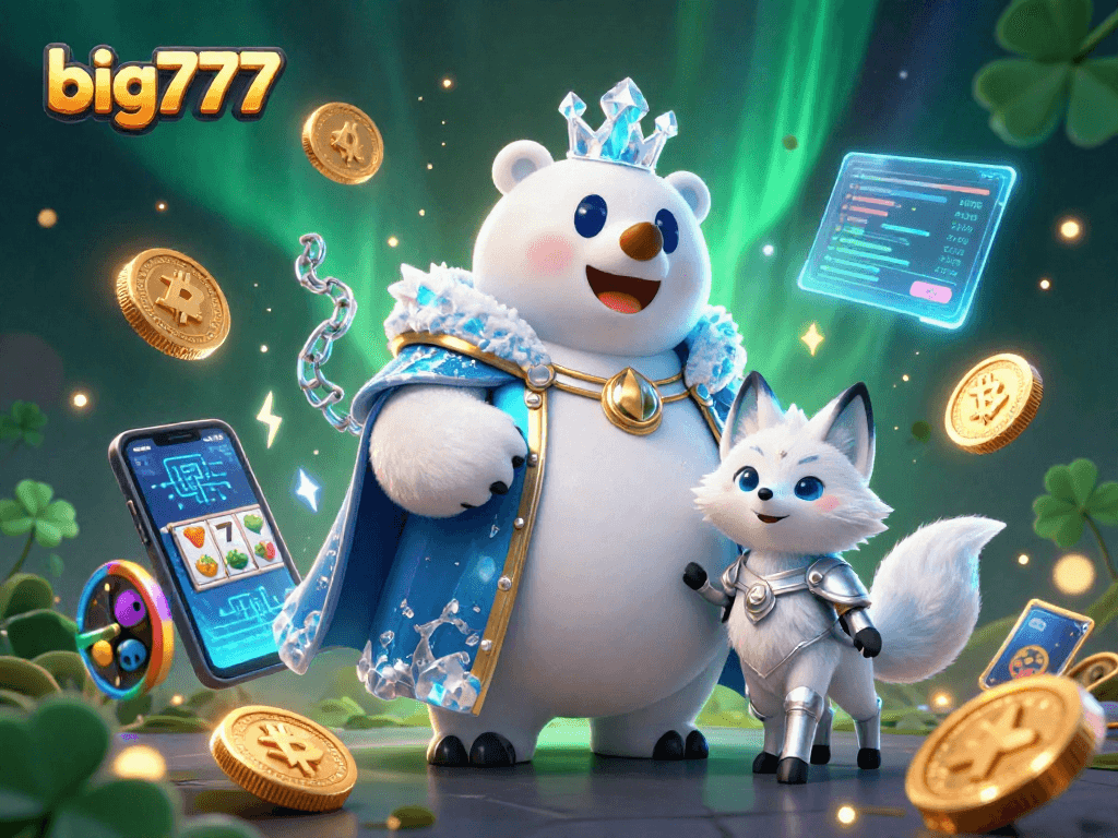 Spin the reels with big777 featuring a cartoon ice king and snow fox in a vibrant casino scene.