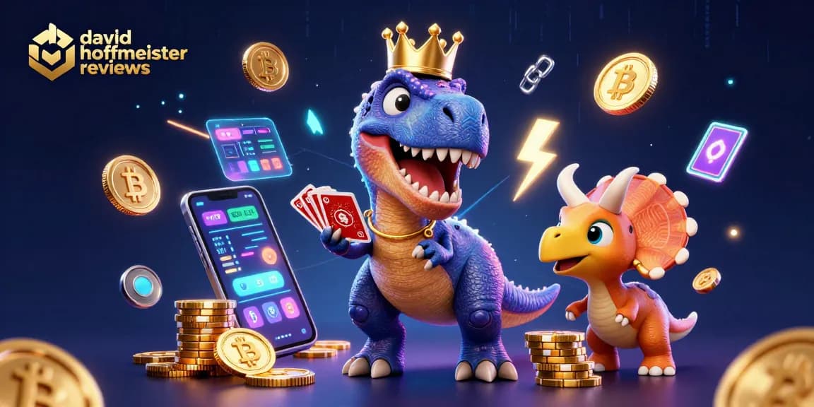 david hoffmeister reviews showcase a playful T-Rex and friends engaging in casino game action.