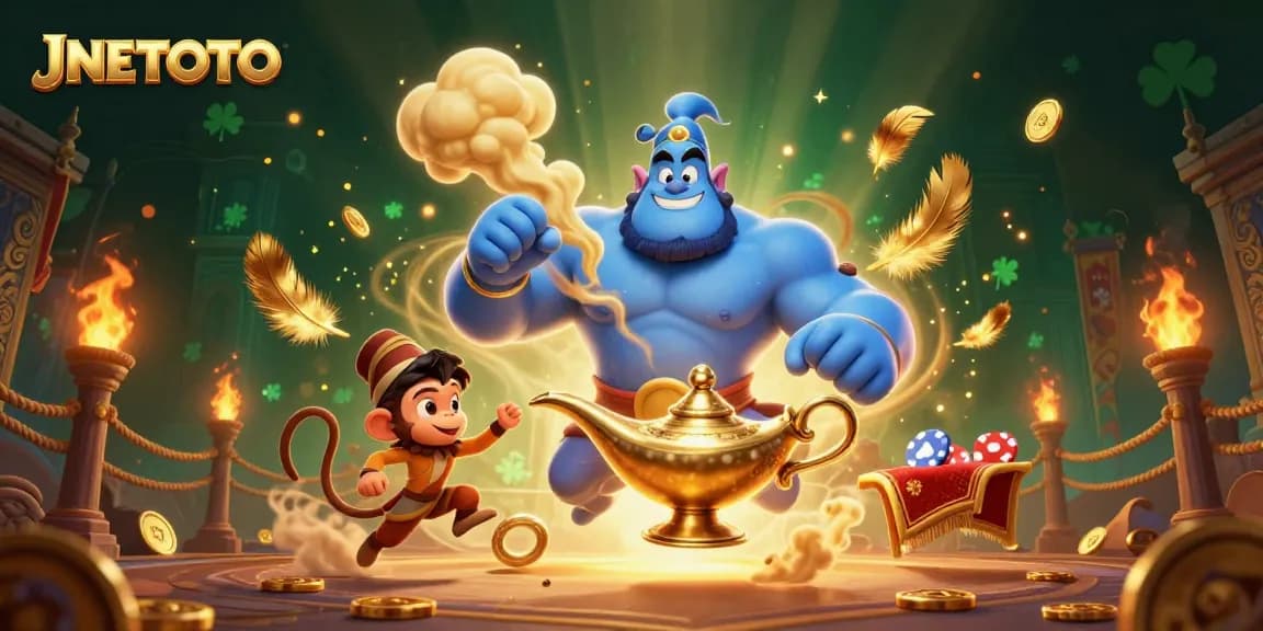 JNETOTO menghadirkan ilustrasi terinspirasi kasino dengan lampu jin dan uang taruhan di latar belakang yang penuh warna.