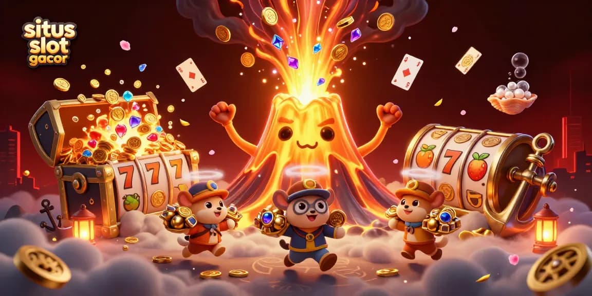 situs slot gacor showcases an erupting volcano shooting coins and gems, a captivating casino fantasy scene.