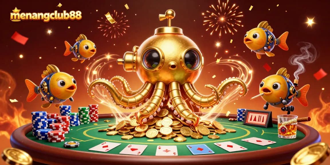 Experience the excitement of menangclub88 with a vibrant 3D gaming scene featuring golden kraken and poker elements.