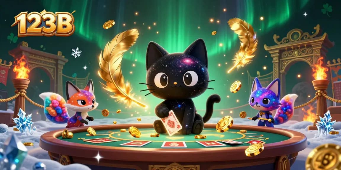 Experience thrilling games at 123B, where a cosmic cat and fox summon luck amidst swirling golden coins.