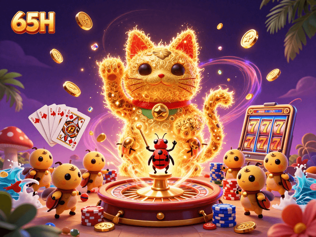 Os fogos-fátuos dourados da 65H formam um gato da sorte em um cassino vibrante.