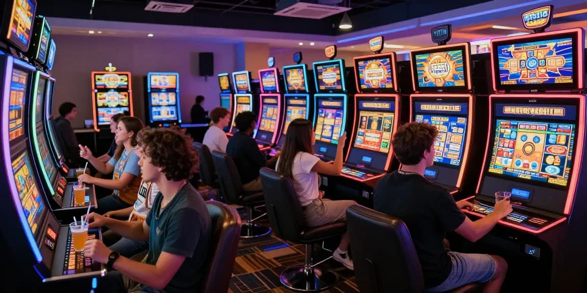 Pengalaman bermain slot88 bersama teman di lounge modern dengan mesin slot yang cerah