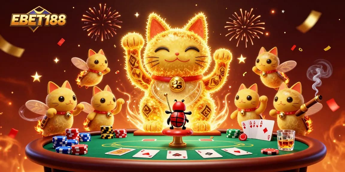 Experience the thrill of EBET188 with a giant lucky cat and vibrant casino symbols.