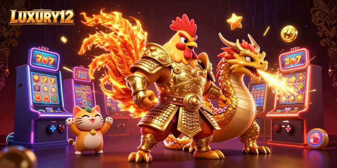 LUXURY12 showcases a vibrant slot game scene featuring warriors amidst colorful casino elements.