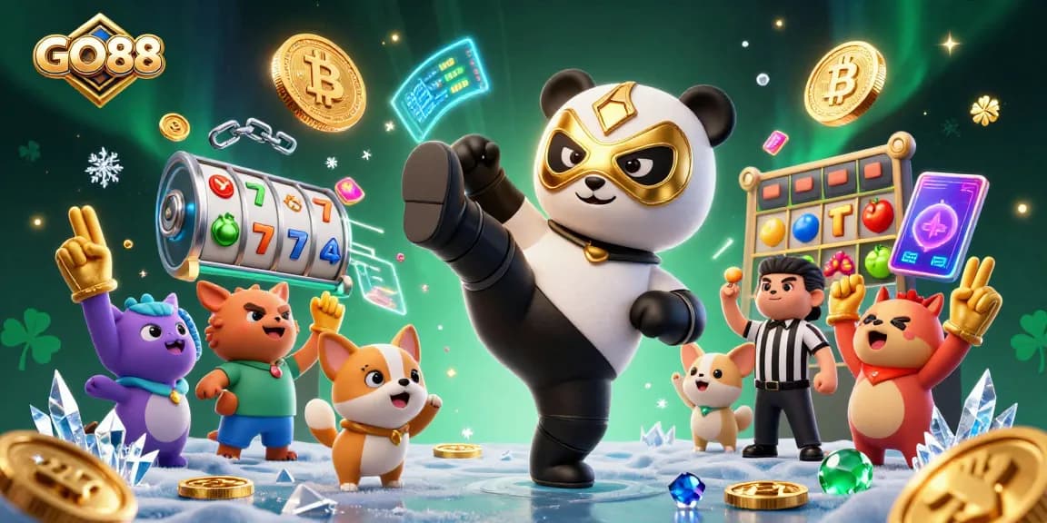 Experience GO88's vibrant gaming world with a cartoon wrestler panda kicking through a casino scene.