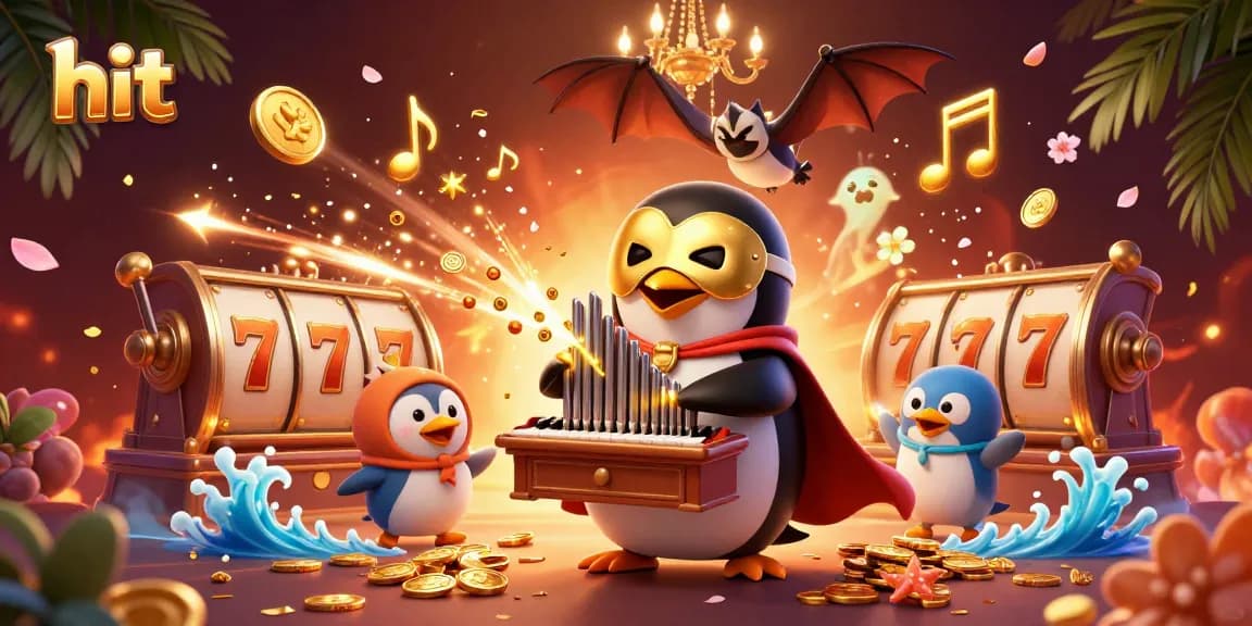 Enjoy the thrill of hit games as golden coins pour from the penguin's organ in this vibrant casino scene.